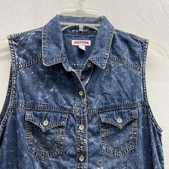 True Religion Denim Dress Small Chambray Blue Splattered Western - Picture 2 of 14